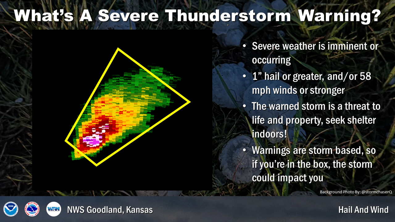 A severe thunderstorm warning means hail of 1â€ or greater and/or 58mph winds or stronger are occurring or imminent.