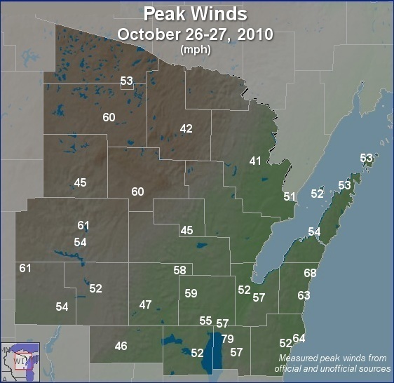 Peak wind gusts map of northeast Wisconsin.
