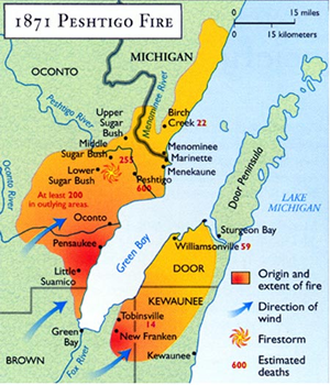 Map showing the burnt area of the Peshtigo fire