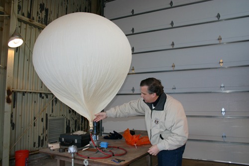 Inflating a weather balloon.