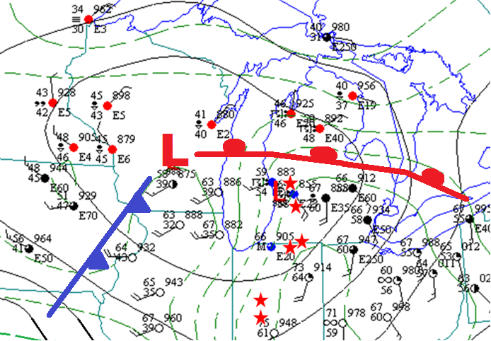 Surface Weather Map of Great Lakes Region at 7 pm on April 11, 1965