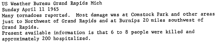 Inital post by Weather Bureau after tornados on April 11 1965