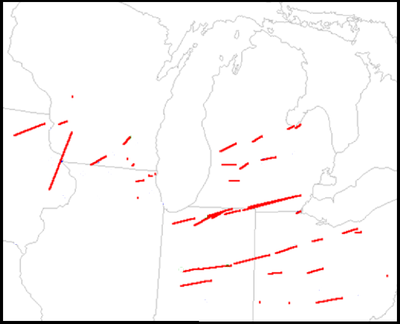 Map Showing Tornados in Great Lakes Region on April 11-12, 1965