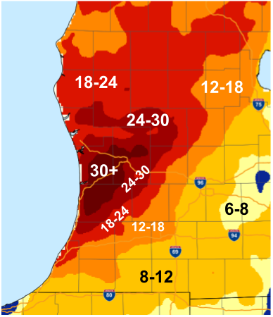 Image of snowfall totals from January 12 to Jan 17