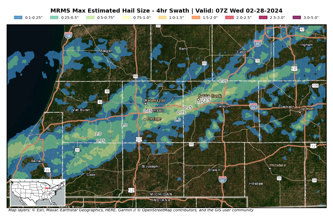 an image showing a swath of the area where radar indicated hail size was largest