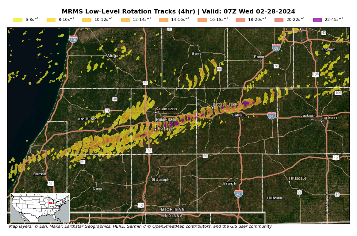an image showing a swath of the area where radar indicated rotation was strongest