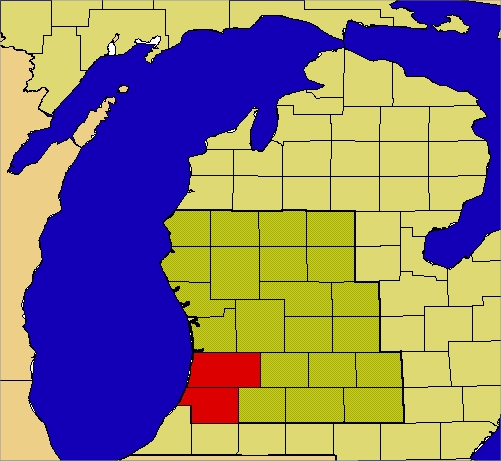 Map of Grand Rapids County Warning Area, highlighting Allegan and Van Buren Counties in red.