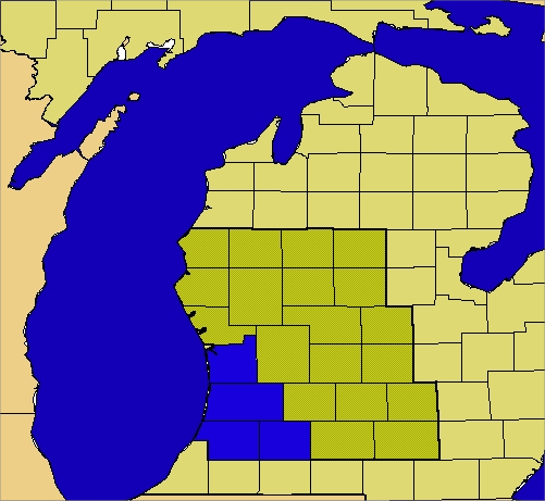 Map of Grand Rapids County Warning Area, highlighting Allegan, Kalamazoo, Ottawa and Van Buren Counties in blue.