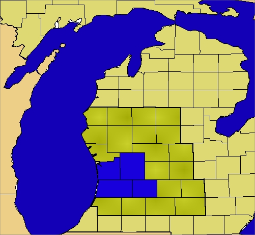 Map of Grand Rapids County Warning Area, highlighting Allegan, Barry, Kent and Ottawa Counties in blue.