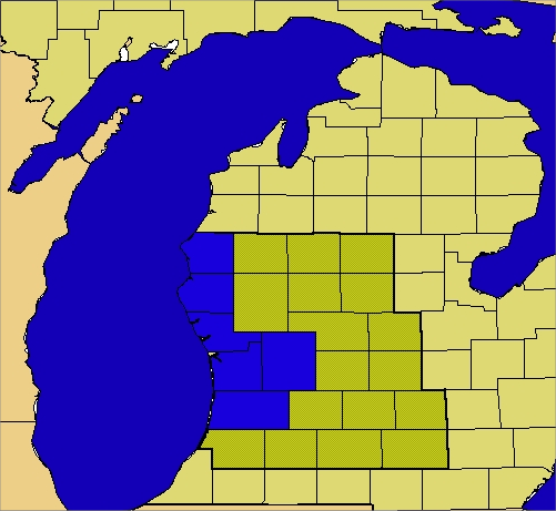 Map of Grand Rapids County Warning Area, highlighting Allegan, Kent, Mason, Muskegon, Oceana and Ottawa Counties in blue.