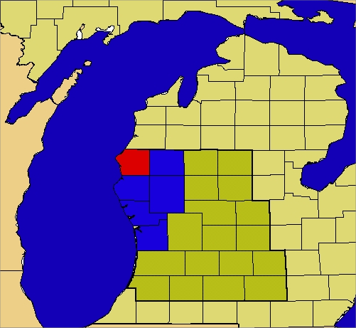 Map of Grand Rapids County Warning Area, highlighting Lake,  Muskegon, Newaygo, Oceana and Ottawa Counties in blue and highlighting Mason County in red.