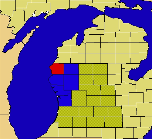 Map of Grand Rapids County Warning Area, highlighting Lake, Muskegon, Newaygo, Oceana and Ottawa Counties in blue and highlighting Mason County in red.