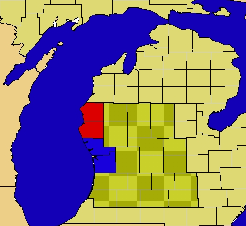 Map of Grand Rapids County Warning Area, highlighting Muskegon and Ottawa Counties in blue and highlighting Mason and Oceana Counties in red.