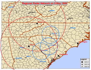 The NWS radar network in 1989. Rings represent the approximate coverage area of radars nearest the western Carolinas and northeast Georgia.