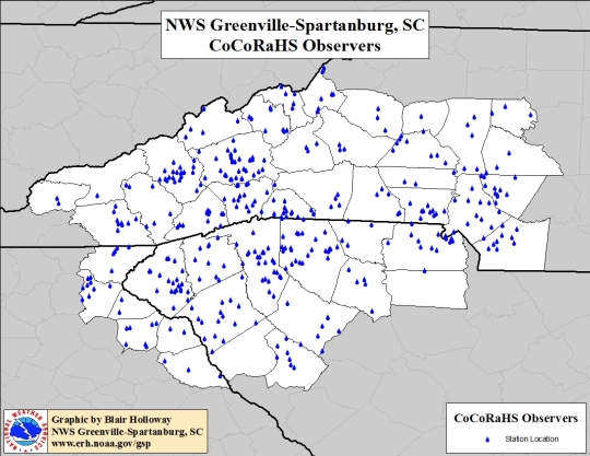 NWS Greenville-Spartanburg, SC CoCoRaHS Observers Station Map