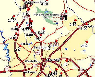 Rainfall amounts around Greenville, SC, on 29 July 2004