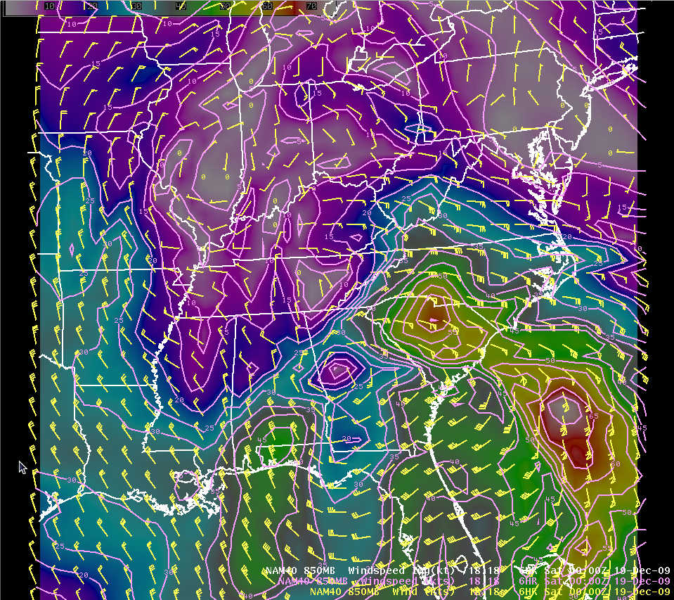 NAM40 6-hr forecast of 850 mb isotachs and wind speed valid at 0000 UTC 19 December