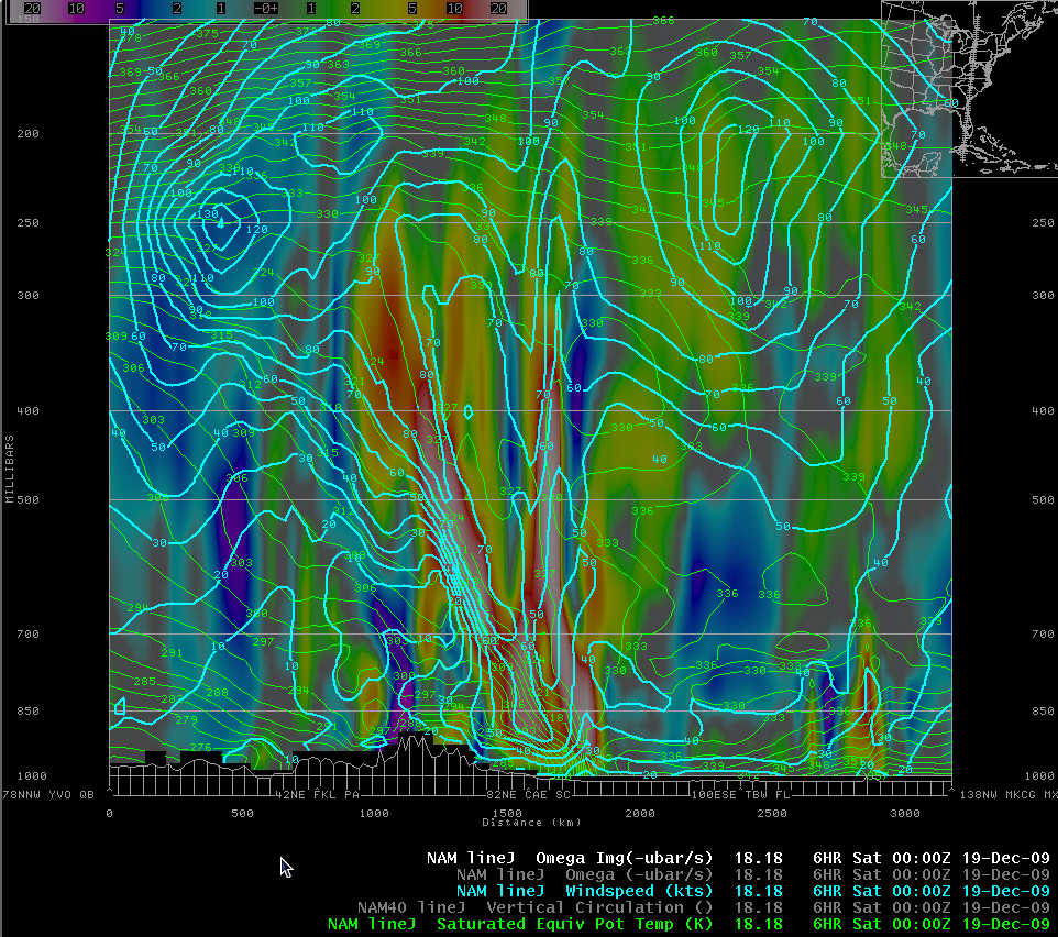 NAM40 cross section 6-hr forecast of isotachs and vertical motion valid at 0000 UTC 19 December