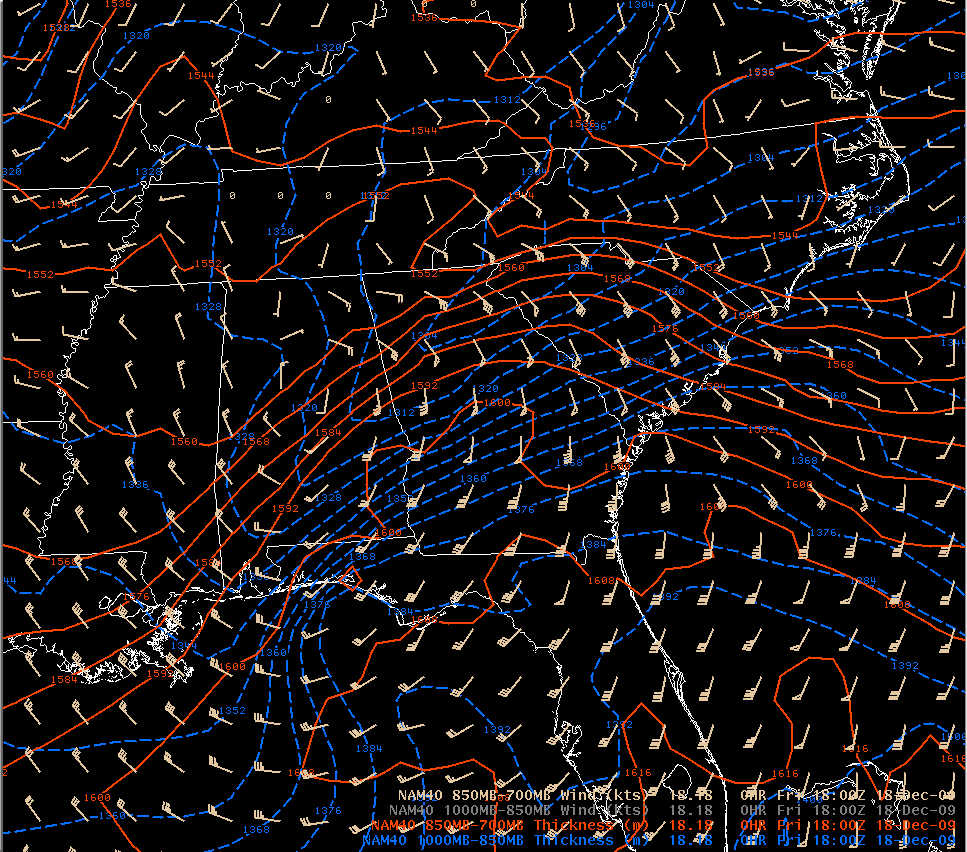 NAM40 thickness in the 1000-850 mb layer and 850-700 mb layer at 1800 UTC on 18 December