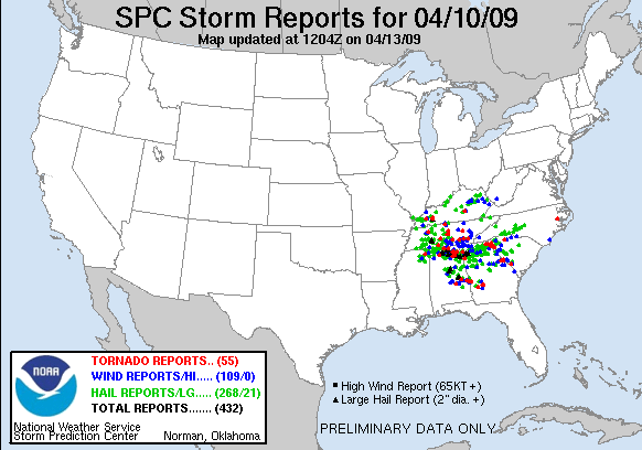 Severe thunderstorm and tornado reports for 10 April 2009