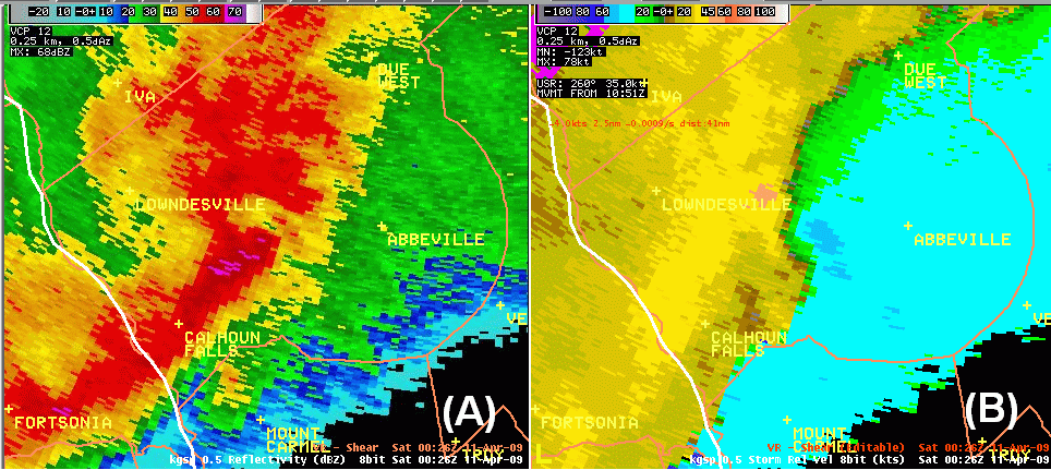 KGSP storm relative velocity and base reflectivity at 0026 UTC on 11 April 2009