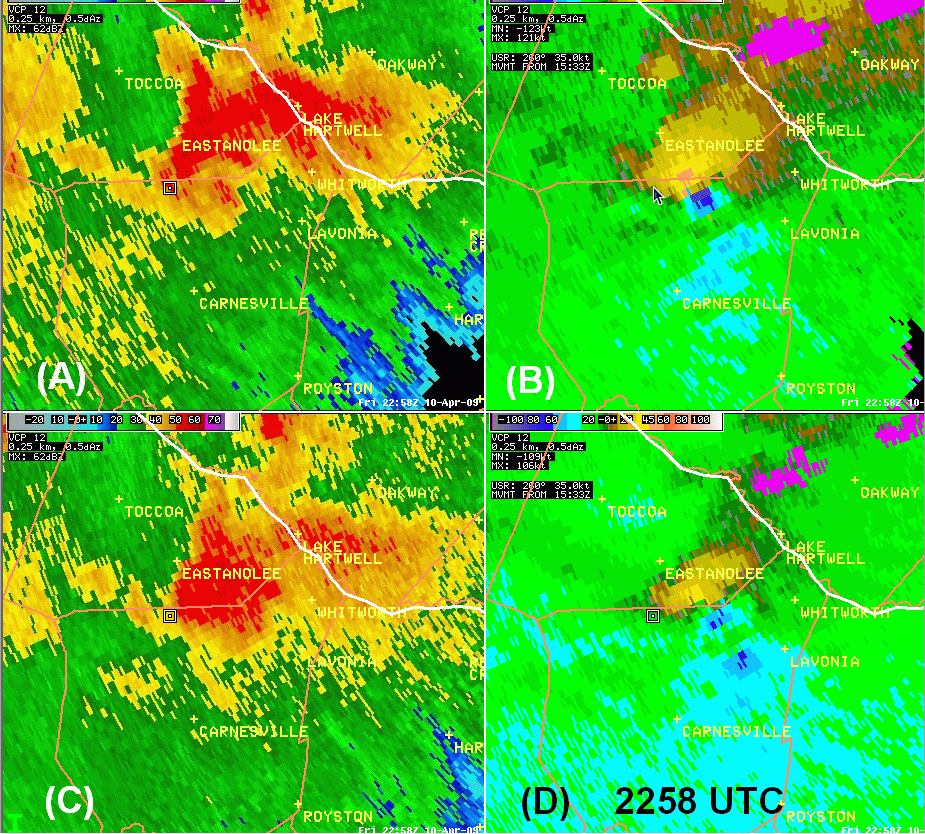 KGSP storm relative velocity and base reflectivity at 2258 UTC on 10 April 2009