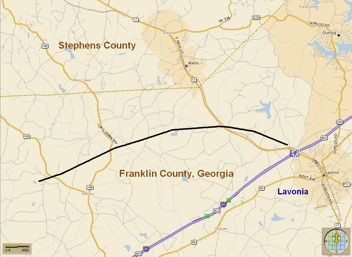 Track of damage associated with Franklin County (GA) tornado on 10 April 2009