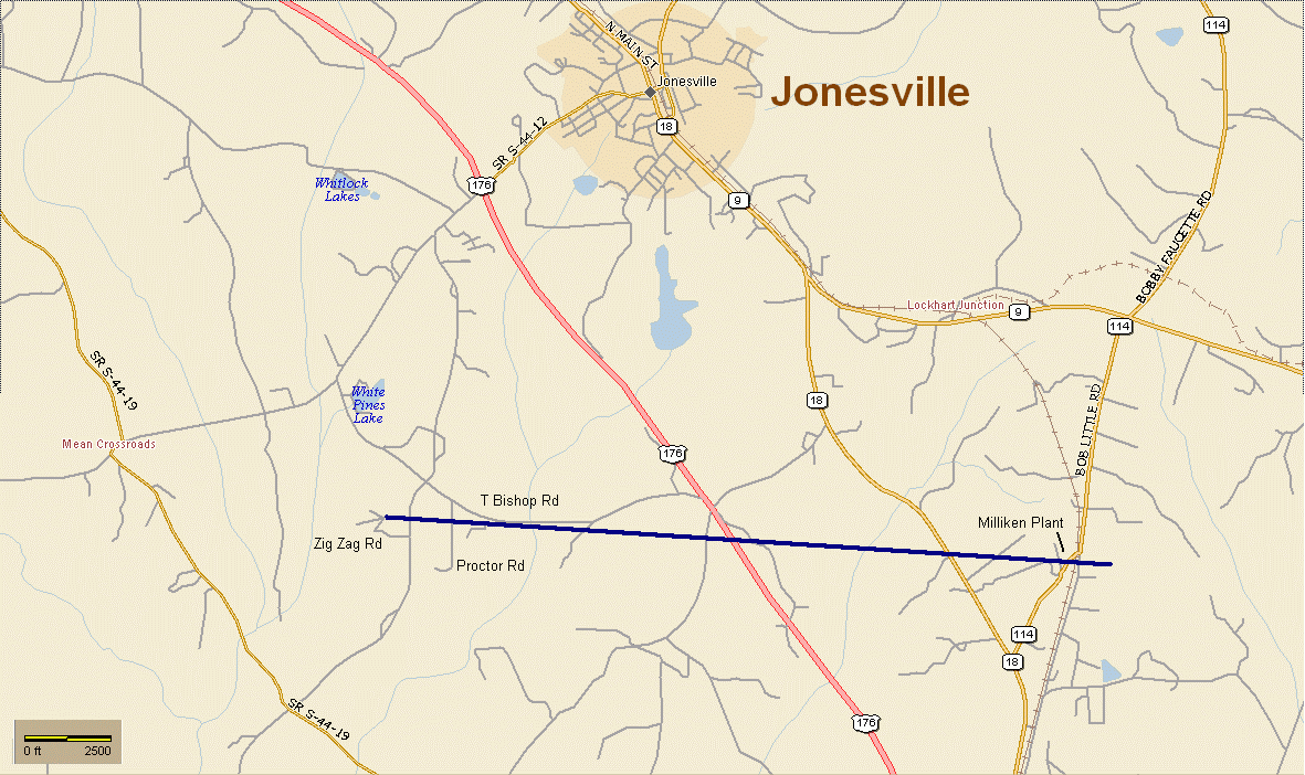 Track of damage associated with the Jonesville, SC tornado on 10 April 2009
