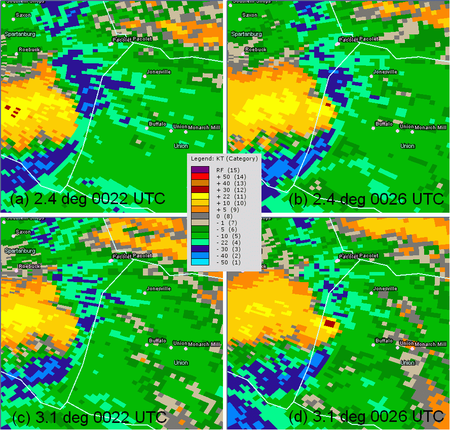 KGSP storm relative motion at 0022 UTC and 0026 UTC on 11 April 2009