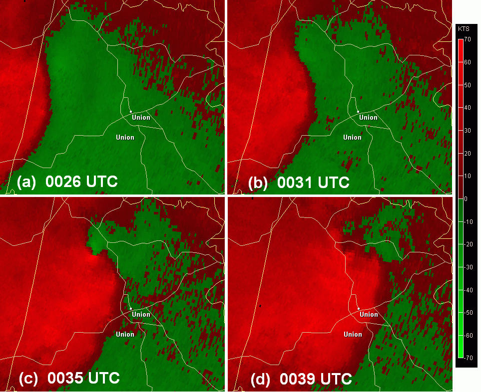 KGSP base velocity from 0026 UTC to 0039 UTC on 11 April 2009