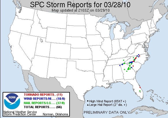 Severe thunderstorm and tornado reports for 28 March 2010