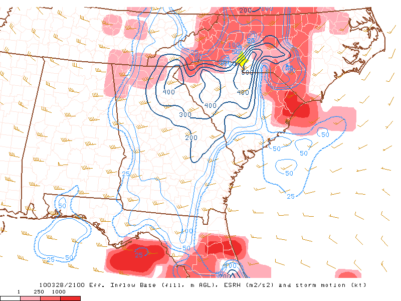Effective inflow base and effective SRH at 2100 UTC 28 March