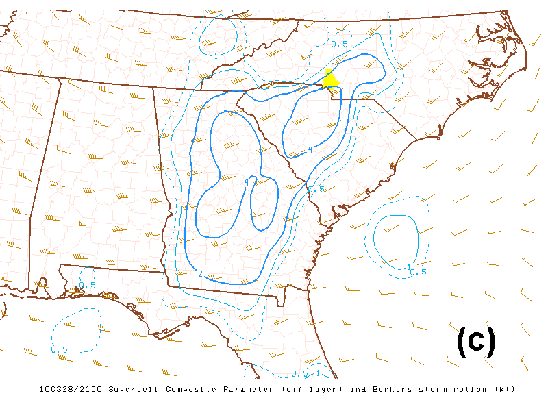 Supercell Composite Parameter at 2100 UTC on 28 March 2010