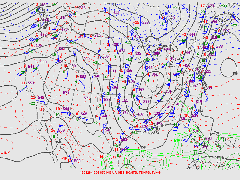850 mb geopotential height, temperature, dewpoint, and wind barbs at 1200 UTC on 28 March 2010