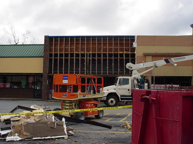 Damage to a shopping center at the corner of N. Salisbury Ave. and E. Jefferson St. in East Spencer, NC, 28 March 2010