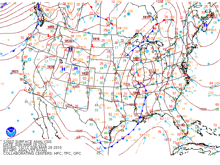 HPC Surface fronts and pressure analysis at 1200 UTC 28 March 2010