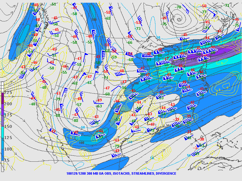 300 mb isotachs, streamlines, and divergence at 1200 UTC 29 January 2010