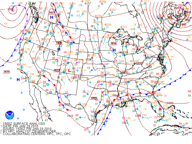HPC Surface fronts and pressure analysis at 1800 UTC 29 January 2010