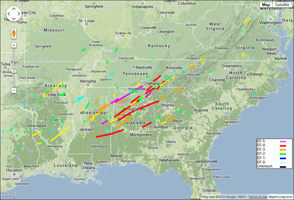 Track of tornadoes across the Southeast on 27 April 2011