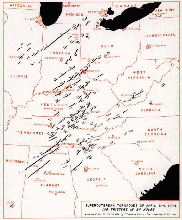 Tornado tracks for the April 1974 Super Outbreak
