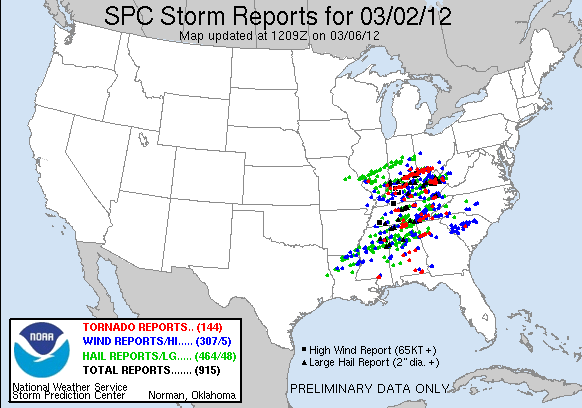 Preliminary severe thunderstorm and tornado reports ending 1200 UTC on 3 March 2012