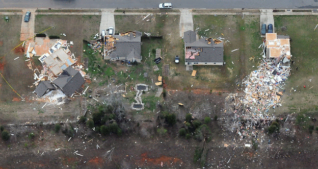 Damage to single family wood frame houses on Brookstead Meadow Court in eastern Mecklenburg County from Harrisburg Tornado on 3 March 2012