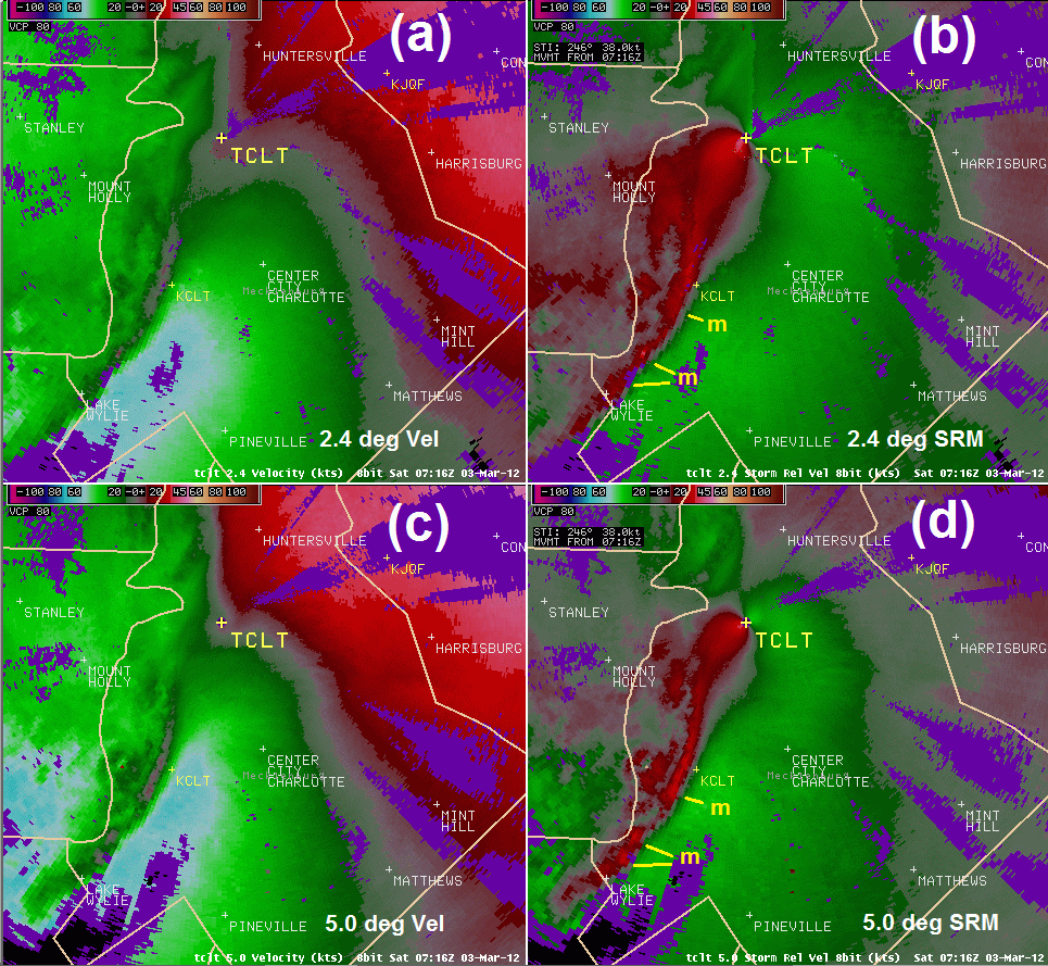 TCLT base  velocity and storm relative motion on the 2.4 degree and 5.0 degree scans at 0716 UTC on 3 March 2012