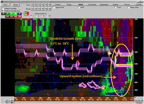 NAM time-height cross section at GSP from 1200 UTC 28 January to 0000 UTC 1 February 2014