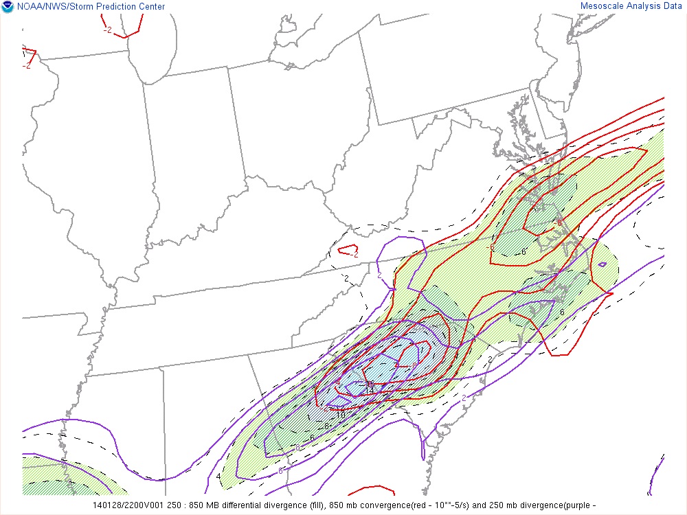 850 - 250 differential divergence at 2200 UTC on 28 January 2014