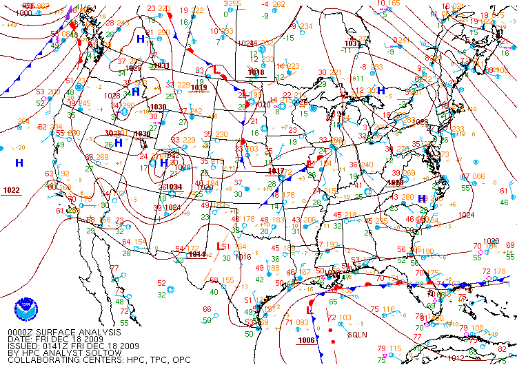HPC Surface fronts and pressure analysis at 0000 UTC 18 December