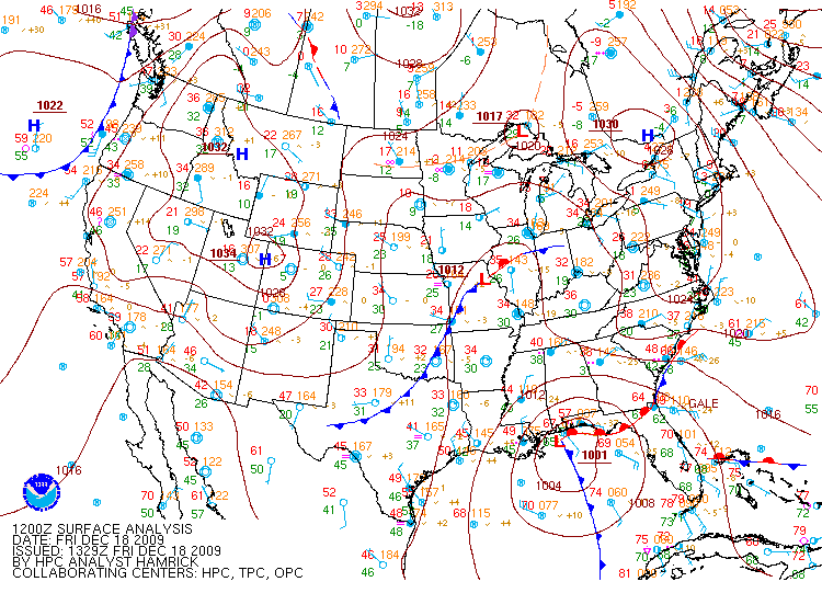 HPC Surface fronts and pressure analysis at 1200 UTC 18 December