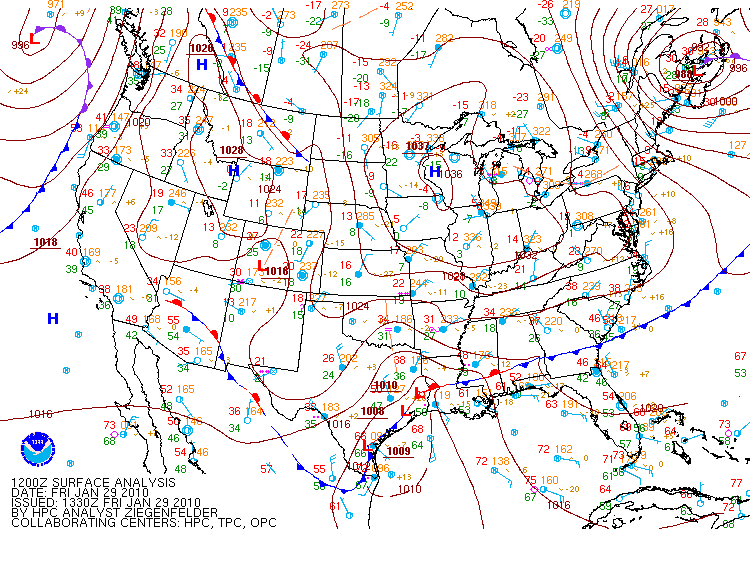 HPC Surface fronts and pressure analysis at 1200 UTC 29 January 2010