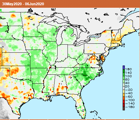 Map displays the total soil moisture anomaly for the past week and/or month.