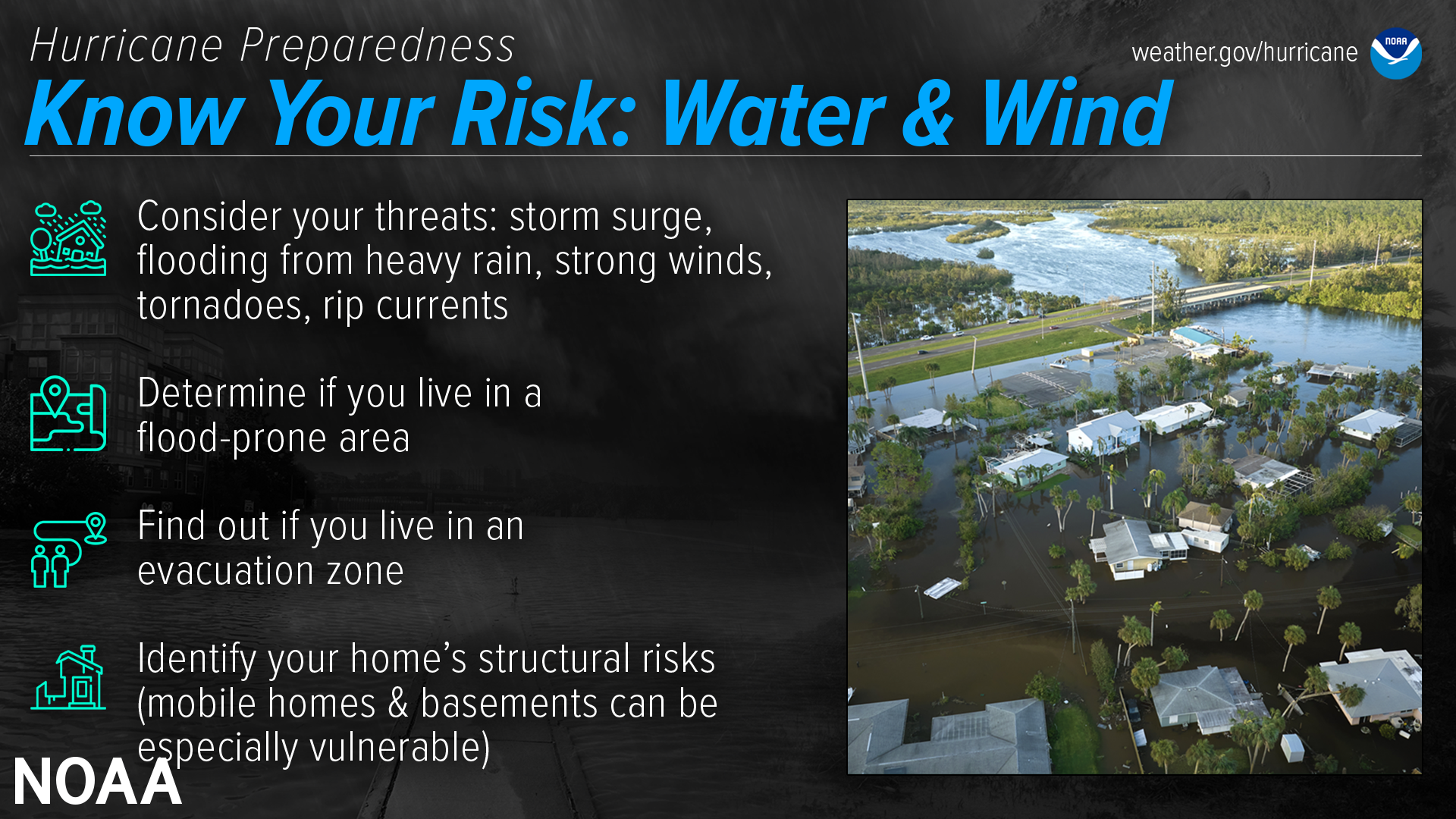 Hurricane Preparedness - Know Your Risk: Water & Wind. Consider your threats: storm surge, flooding from heavy rain, strong winds, tornadoes, rip currents. Determine if you live in a flood-prone area. Find out if you live in an evacuation zone. Identify your home's structural risk (mobile homes & basements can be especially vulnerable)